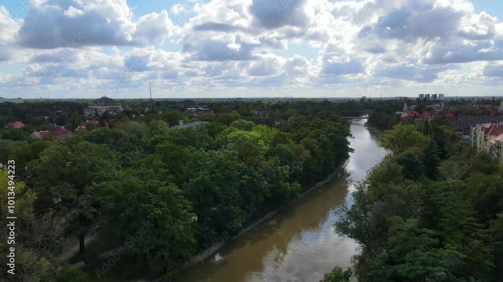 city wroclaw architecture drone flyover river odra city wroclaw architecture drone flyover river odra