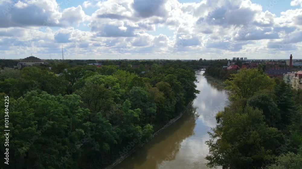 city wroclaw architecture drone flyover river odra city wroclaw architecture drone flyover river odra