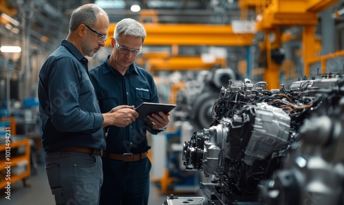 Car Factory Office: Manager Talks with Senior Engineer, Use Tablet Computer to Design Production Conveyor for Advanced Power Engines. Automated Robot Arm Assembly Line Manufacturing
