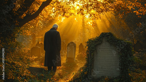 Elderly Man Reflecting in Serene, Ivy-Covered Forest Cemetery at Dusk. Non-existent person.