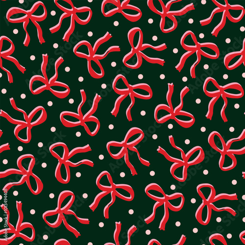 Christmas hand drawn ribbons with shadows. Festive random placed, vector bows aop, all over surface print on dark green background.
