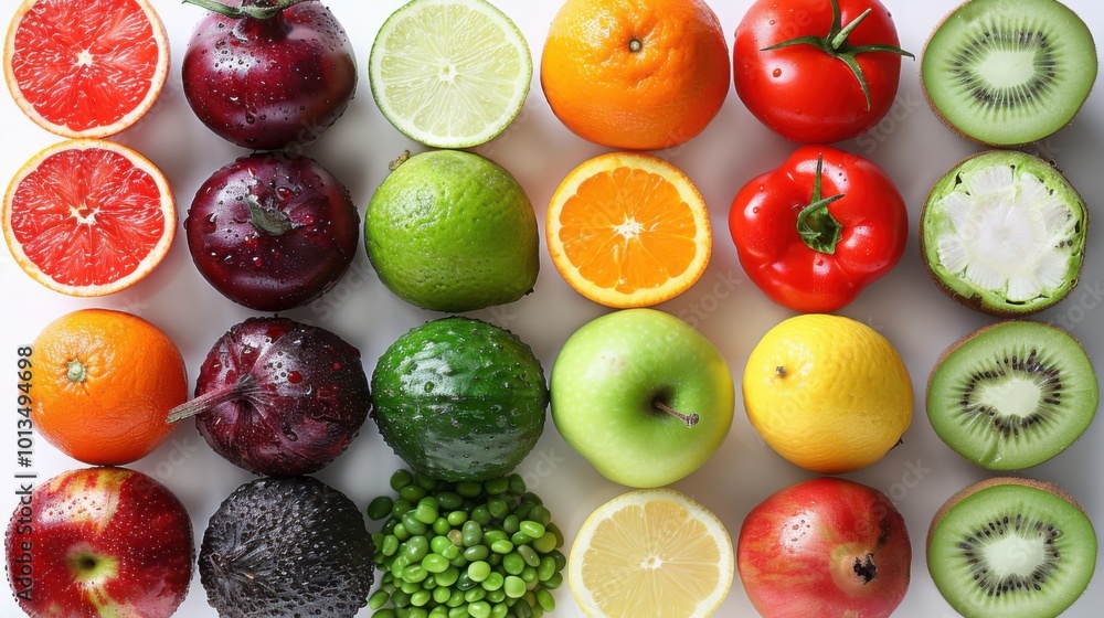 Fresh fruits and vegetables, including grapefruit, apples, lime, peas, and kiwis, beautifully displayed in rows, highlighting natural produce. Fresh fruits and vegetables, including grapefruit, apples, lime, peas, and kiwis, beautifully displayed in rows, highlighting natural produce.
