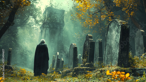 Elderly Man Reflecting in Serene, Ivy-Covered Forest Cemetery at Dusk. Non-existent person.
