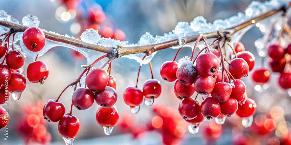 Glossy Frozen Red Berries on an Ice-Covered Branch with Clean Copy Space: Striking Winter Image Ideal for Photo Stock Concept Glossy Frozen Red Berries on an Ice-Covered Branch with Clean Copy Space: Striking Winter Image Ideal for Photo Stock Concept