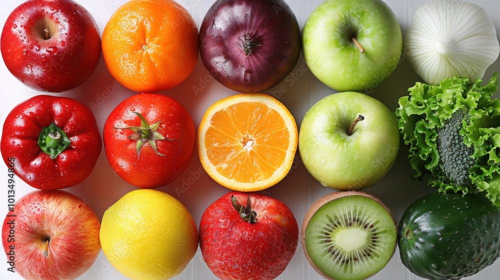 A neat arrangement of fresh fruits and vegetables like apples, tomatoes, oranges, and greens in a colorful display, representing balanced nutrition and healthy choices.
A neat arrangement of fresh fruits and vegetables like apples, tomatoes, oranges, and greens in a colorful display, representing balanced nutrition and healthy choices.