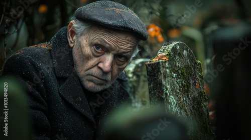 Elderly Man Reflecting in Serene, Ivy-Covered Forest Cemetery at Dusk. Non-existent person.