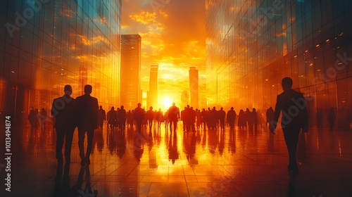 Silhouettes of people walking through a modern city with a sunset sky in the background.