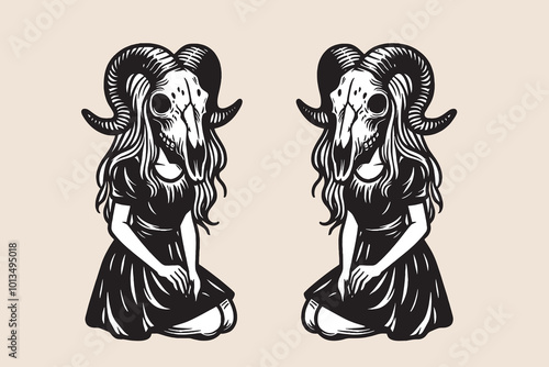 A girl with a goat skull instead of a head. Evil twins. Black and white vector illustration in horror style, prinit, tattoo sketch