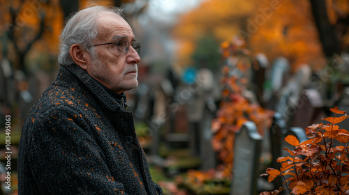 Elderly Man Reflecting in Serene, Ivy-Covered Forest Cemetery at Dusk. Non-existent person.