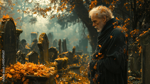 Elderly Man Reflecting in Serene, Ivy-Covered Forest Cemetery at Dusk. Non-existent person.