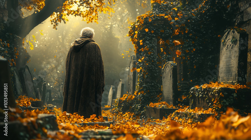 Elderly Man Reflecting in Serene, Ivy-Covered Forest Cemetery at Dusk. Non-existent person.