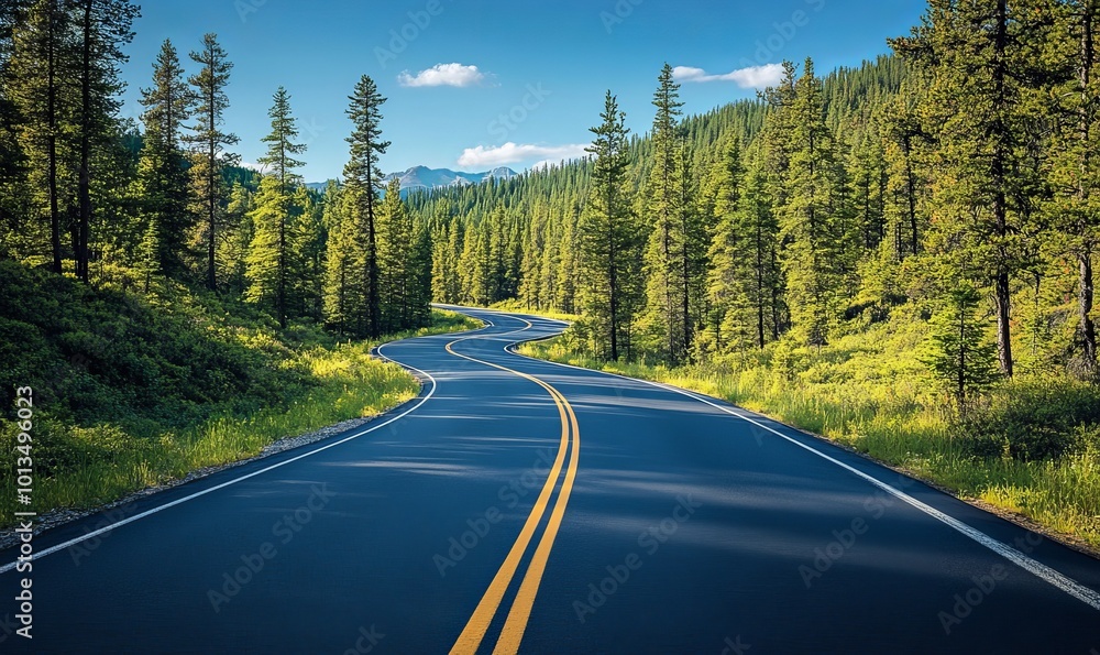 A winding road symbolizing the journey to success, lined with trees and a clear blue sky, representing the pathway to accomplishment and achievement, Generative AI A winding road symbolizing the journey to success, lined with trees and a clear blue sky, representing the pathway to accomplishment and achievement, Generative AI