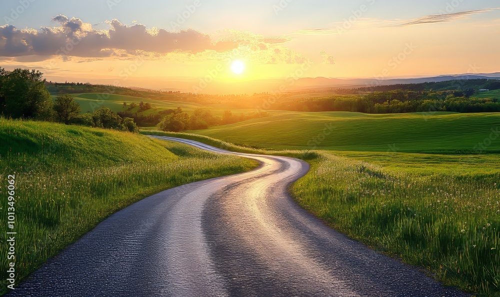 A winding road leading towards a bright horizon, symbolizing the journey and challenges on the path to achieving success. Ideal for motivational and business, Generative AI A winding road leading towards a bright horizon, symbolizing the journey and challenges on the path to achieving success. Ideal for motivational and business, Generative AI