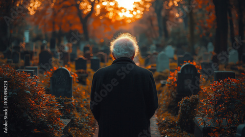 Elderly Man Reflecting in Serene, Ivy-Covered Forest Cemetery at Dusk. Non-existent person.