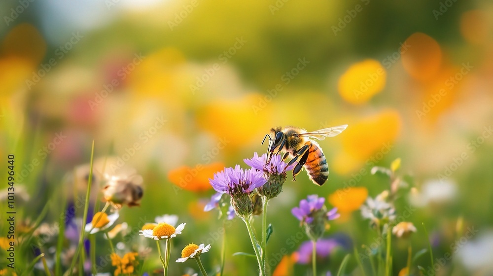 Beautiful Bee Pollinating Colorful Flowers in Nature Beautiful Bee Pollinating Colorful Flowers in Nature