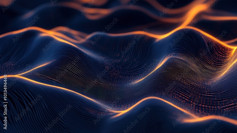 Fototapeta premium Abstract digital wave pattern with glowing orange lines on a dark blue background.