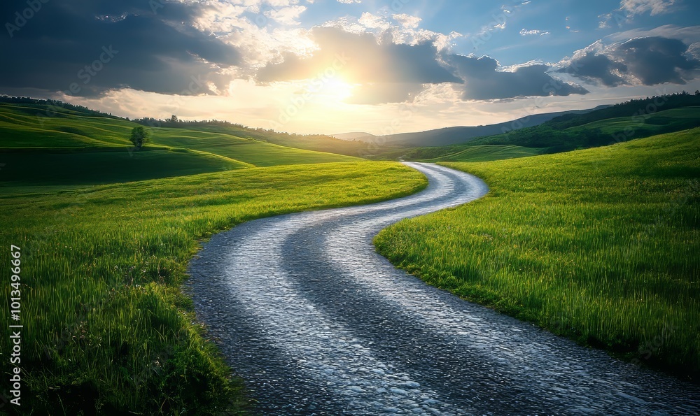 A winding road leading towards a bright horizon, symbolizing the journey and challenges on the path to achieving success. Ideal for motivational and business, Generative AI A winding road leading towards a bright horizon, symbolizing the journey and challenges on the path to achieving success. Ideal for motivational and business, Generative AI