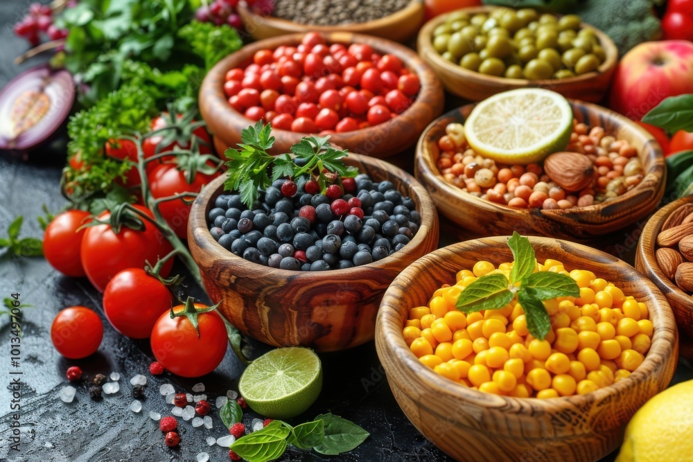A vibrant assortment of fresh berries, vegetables, and seeds arranged in wooden bowls, emphasizing the beauty and variety of healthy plant-based ingredients.
A vibrant assortment of fresh berries, vegetables, and seeds arranged in wooden bowls, emphasizing the beauty and variety of healthy plant-based ingredients.