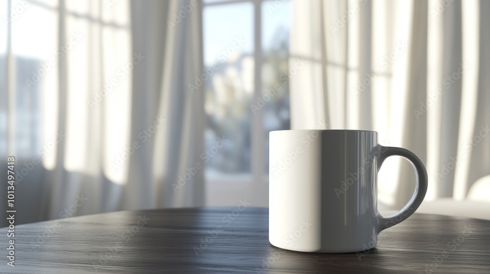 A simple white mug sits on a wooden table, bathed in soft sunlight through sheer curtains. A simple white mug sits on a wooden table, bathed in soft sunlight through sheer curtains.