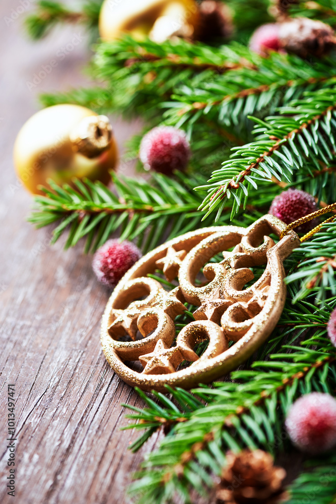 Christmas decoration on rustic wooden background. Close up. Christmas decoration on rustic wooden background. Close up.