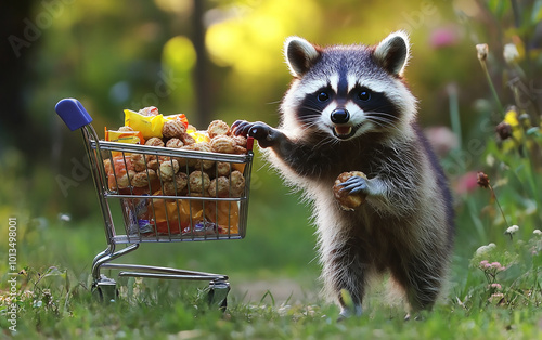 A raccoon joyfully pushing a shopping cart filled with snacks it 'borrowed' from the neighborhood. Generative AI photo