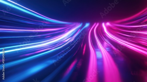 Abstract neon lines in blue and pink colors on a dark background, creating a sense of speed and movement.