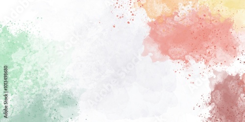 Abstract watercolor splatter background with pastel green, pink, yellow, and orange colors. Ideal for creative design, invitations, and artistic projects. Perfect for adding a soft, artistic touch.