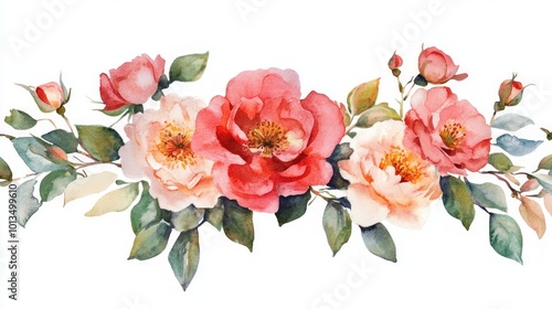 Watercolor painting of pink and white roses with green leaves.