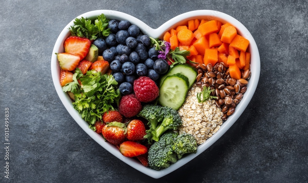 A vibrant photo showcasing a heartshaped bowl filled with nutritious diet foods, including fresh fruits, vegetables, and whole grains, promoting heart, Generative AI A vibrant photo showcasing a heartshaped bowl filled with nutritious diet foods, including fresh fruits, vegetables, and whole grains, promoting heart, Generative AI