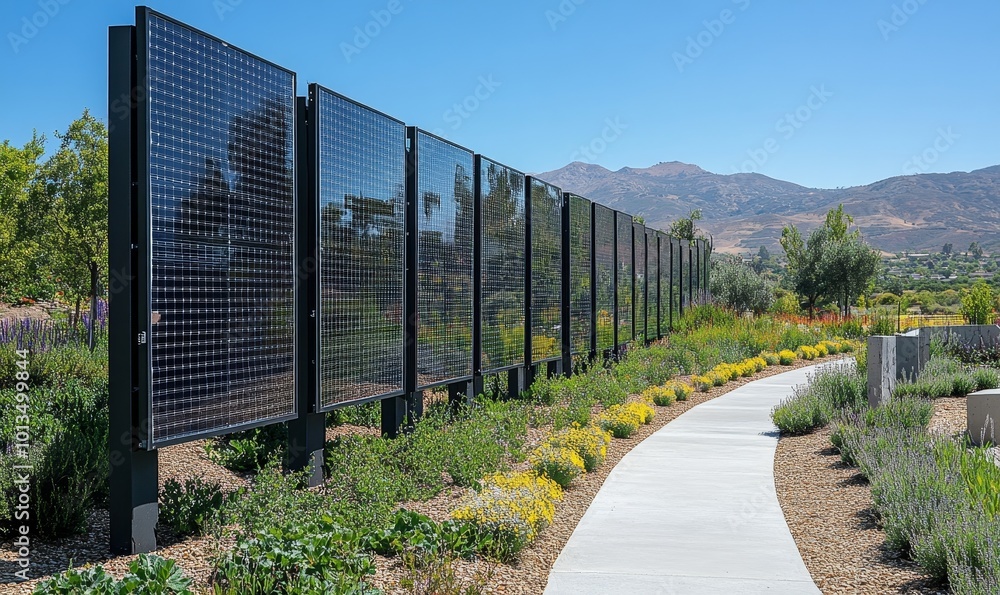 A vertical solar panel installation doubling as a fence, showcasing innovative and cost-effective renewable energy production for sustainable living, Generative AI A vertical solar panel installation doubling as a fence, showcasing innovative and cost-effective renewable energy production for sustainable living, Generative AI