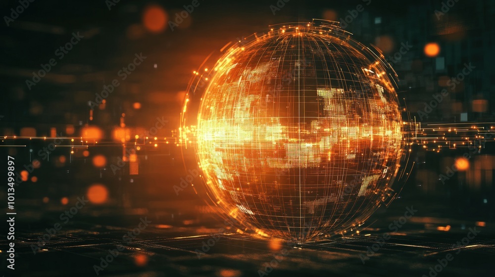 Obraz premium A glowing, digital, orange globe, a futuristic concept for technology, networking, and communication.