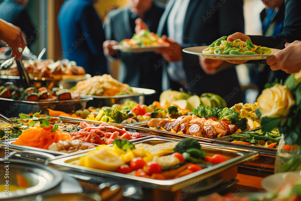 Fototapeta premium People group catering buffet food indoor in restaurant with meat colorful fruits and vegetables.