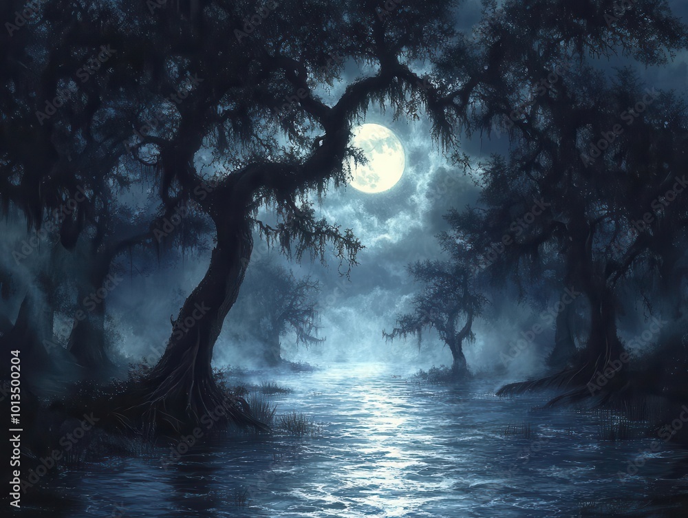 Fototapeta premium mysterious and eerie swampy river winding through ancient gnarled trees under a haunting full moon casting ghostly shadows over the dark misty water