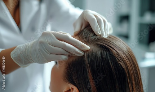 A womanman receiving advanced hair follicle treatment from a dermatologist to cure baldness and promote hair growth, showcasing a medical solution to hair loss, Generative AI photo