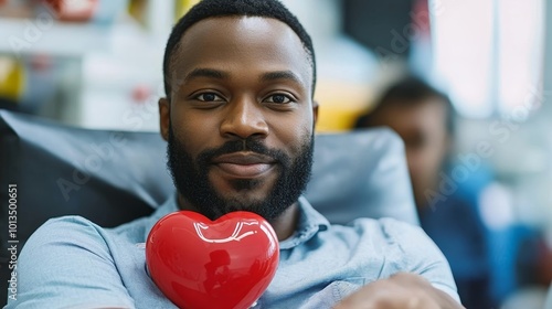 Black Man Donating Blood For People In Need In Bright Hospital. African Male Donor Squeezing Heart-Shaped Red Ball To Pump Blood Through The Tubing Into The Bag. Donation for Children Battling