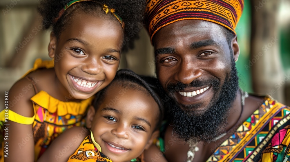A Black family shares smiles and happiness while celebrating Kwanzaa in vibrant clothing A Black family shares smiles and happiness while celebrating Kwanzaa in vibrant clothing