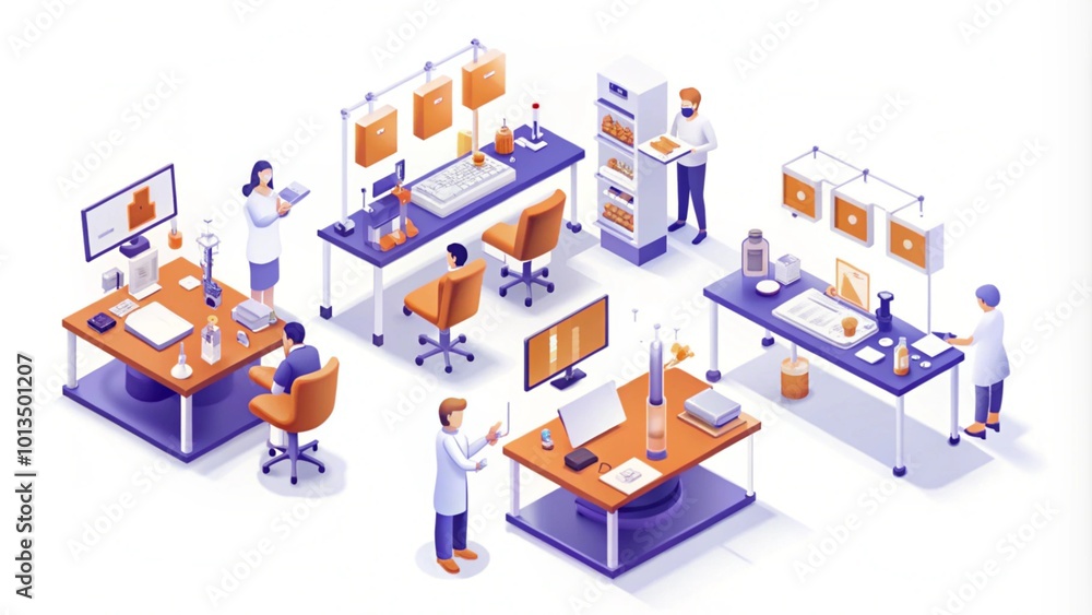A team of scientists working in a lab, conducting experiments and research. They are wearing lab coats and using various equipment. A team of scientists working in a lab, conducting experiments and research. They are wearing lab coats and using various equipment.