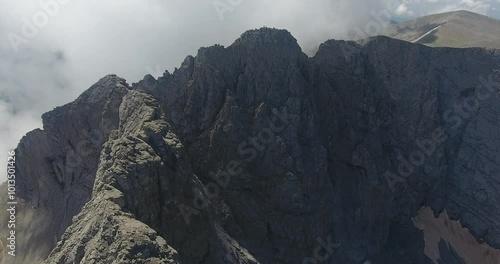 Top of Mount Olympus in Greece. Aerial panoramic view of the imposing highest peak of Mitikas and the wider area at Mount Olympus in Greece.