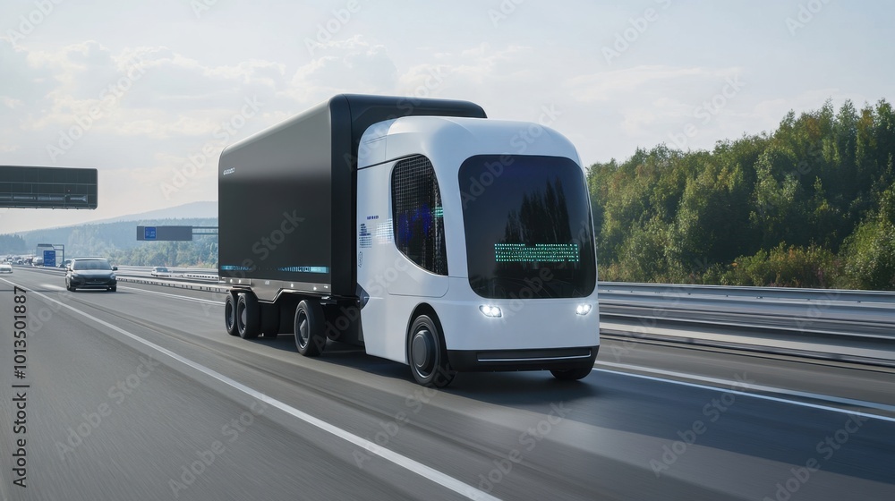 Dynamic view of a self-driving delivery truck in motion on a busy highway, symbolizing the future of logistics and automated transportation Dynamic view of a self-driving delivery truck in motion on a busy highway, symbolizing the future of logistics and automated transportation