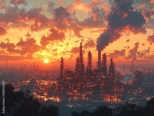 oil and gas refinery towering structures with massive storage tanks glistening in the sunset smoke wafts from chimneys casting shadows across the industrial landscape