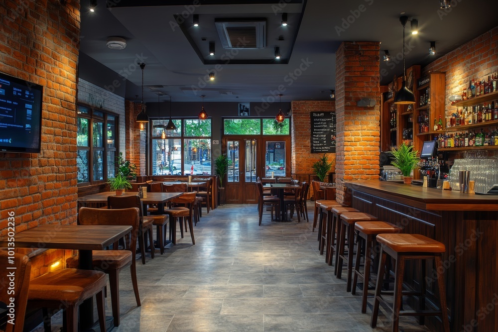 Side view of stylish bar with tables, Generative AI Side view of stylish bar with tables, Generative AI