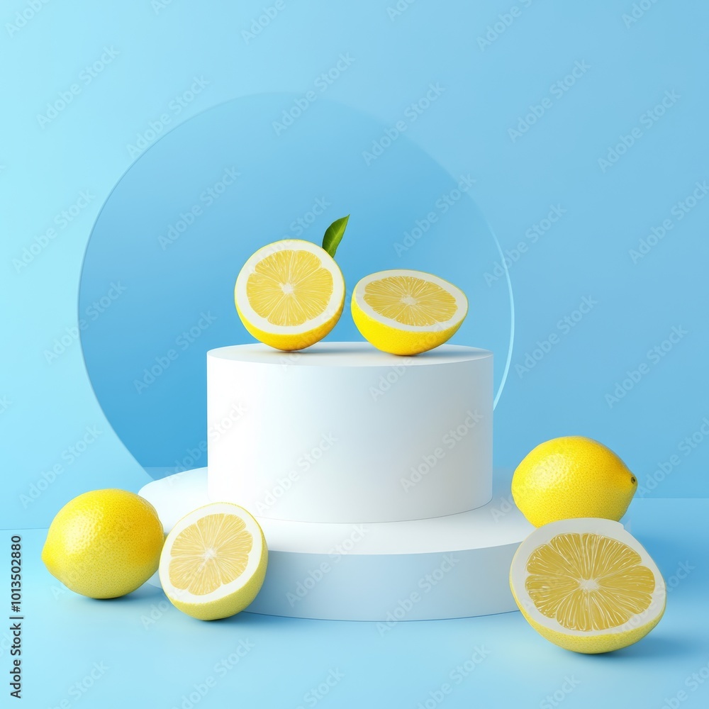 Cake with lemons on a blue background. 3d illustration Cake with lemons on a blue background. 3d illustration