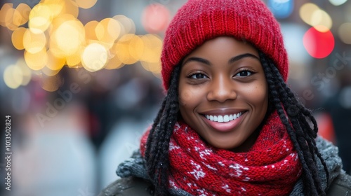 A joyful Black woman in festive attire celebrates Kwanzaa in a lively holiday setting