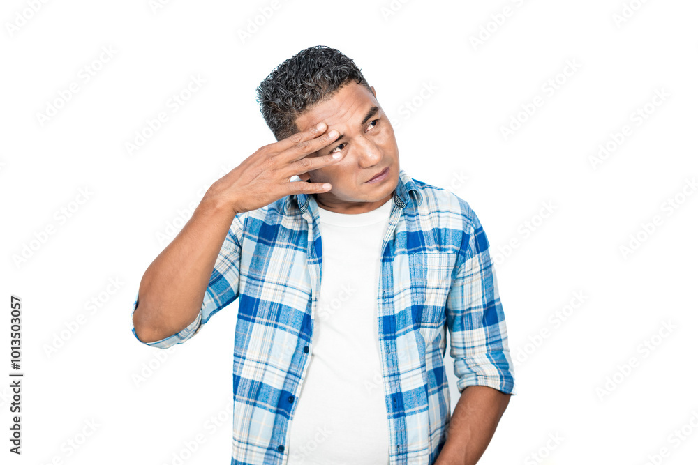 Uncomfortable expression of a man in casual clothes isolated on a white background Uncomfortable expression of a man in casual clothes isolated on a white background