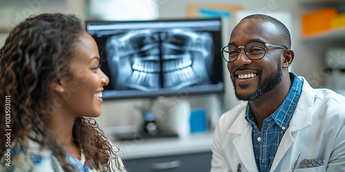 Obraz na płótnie Dentist Consultation: Professional Dental Care and X-ray Analysis at a Modern Clinic w salonie