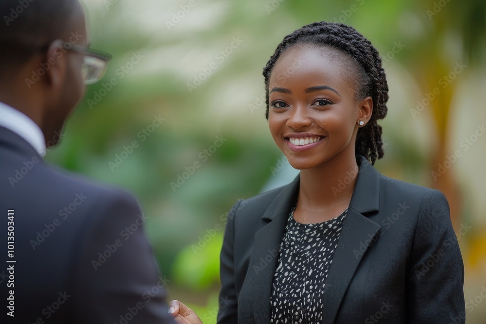 African businesswoman handshake with businessman after a job interview, Generative AI African businesswoman handshake with businessman after a job interview, Generative AI