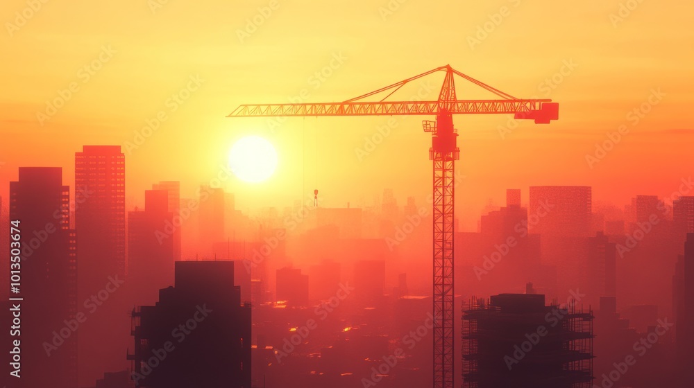 A construction crane silhouetted against a vibrant sunset over a city skyline. A construction crane silhouetted against a vibrant sunset over a city skyline.