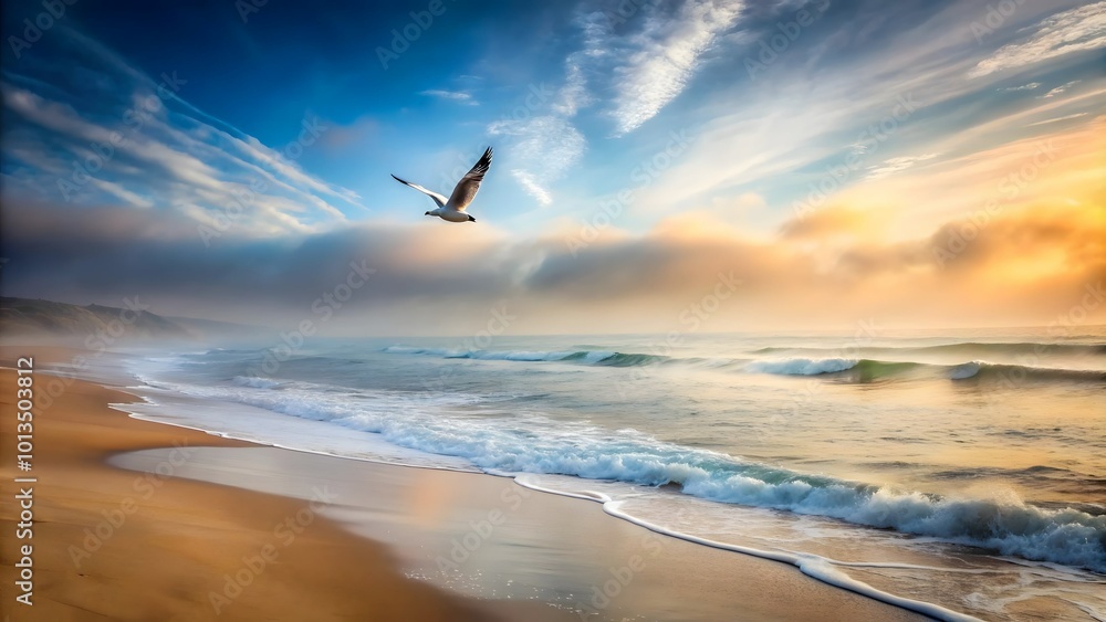 Naklejka premium A serene beach covered in thick fog, with gentle waves and a solitary seagull flying above