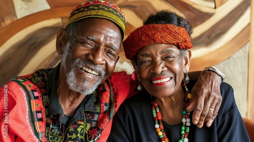 A joyful elderly Black couple shares a moment of love and celebration during the Kwanzaa festivities