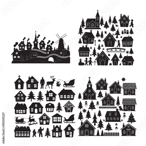 set of vector christmas village silhouette